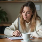 Jeune femme mesure un ruban dans une cuisine chaleureuse