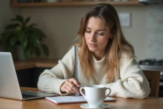 Jeune femme mesure un ruban dans une cuisine chaleureuse