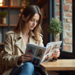 Jeune femme en trench beige lisant un magazine dans un café