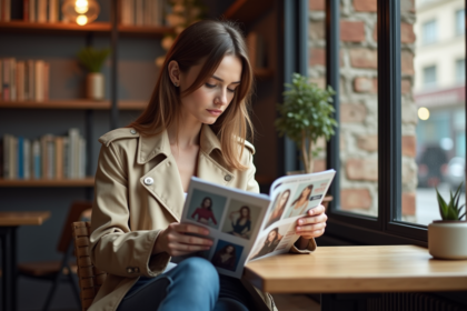 Jeune femme en trench beige lisant un magazine dans un café