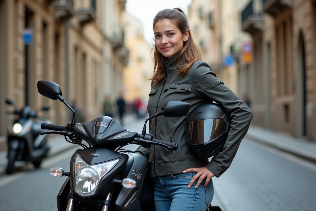 Femme débutante avec moto 125cc en ville