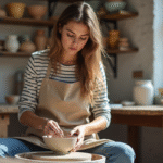 Jeune femme façonnant une pièce en poterie dans un atelier parisien