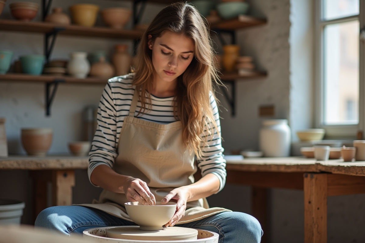 Jeune femme façonnant une pièce en poterie dans un atelier parisien