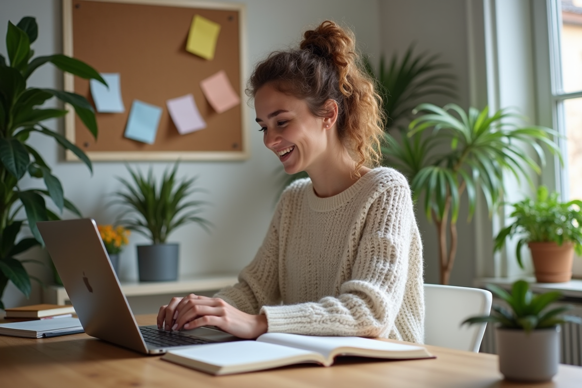 Jeune femme travaillant sur son ordinateur dans un espace cosy
