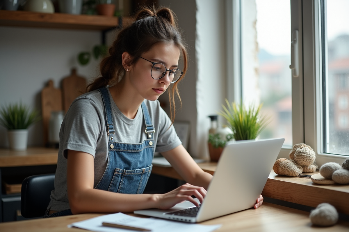 Jeune femme craftswoman analysant un tableau sur son ordinateur