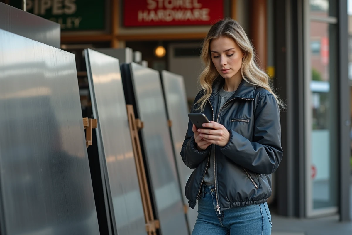 Jeune femme examine plaques et tuyaux en inox devant un magasin
