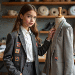 Jeune fille mode à Paris en studio avec blazer à carreaux