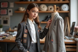 Jeune fille mode à Paris en studio avec blazer à carreaux