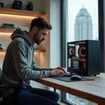 Jeune homme assemble un PC dans un bureau moderne