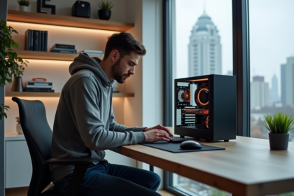 Jeune homme assemble un PC dans un bureau moderne