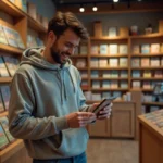 Jeune homme examine des cartes Pokémon dans une boutique
