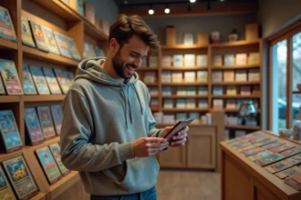 Jeune homme examine des cartes Pokémon dans une boutique