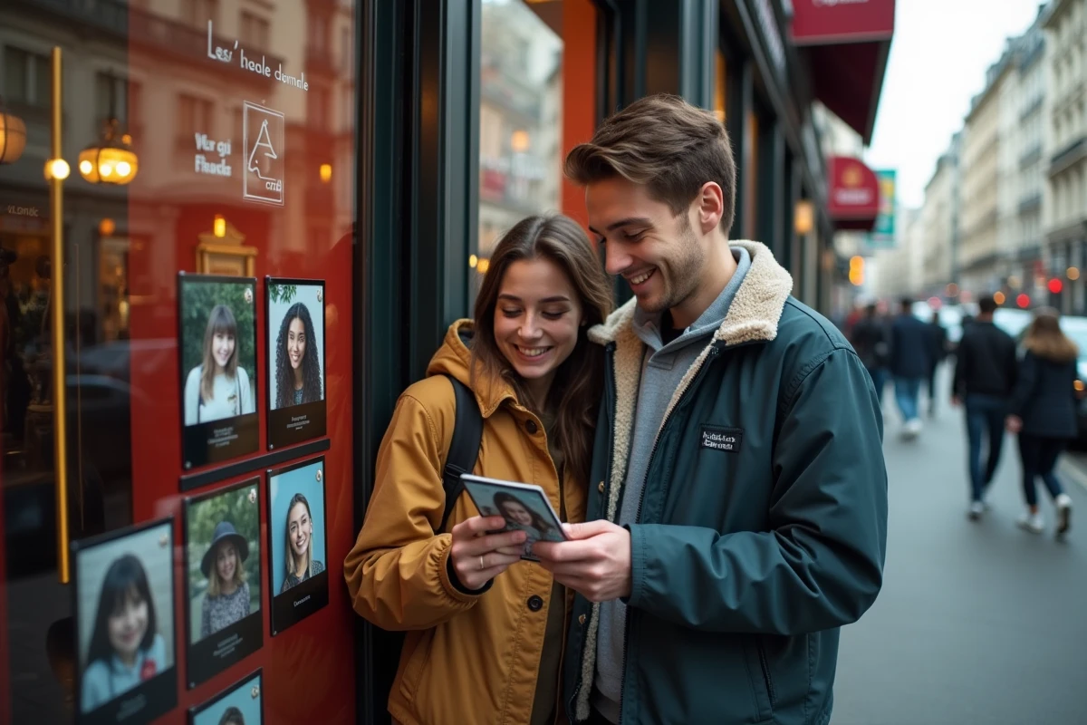 Un jeune couple riant devant un photomaton parisien