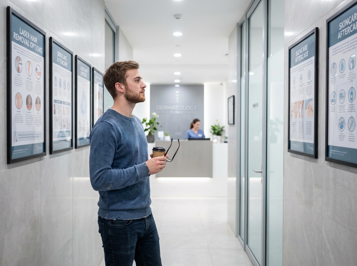 Jeune homme examine des posters sur la laser dans un hall
