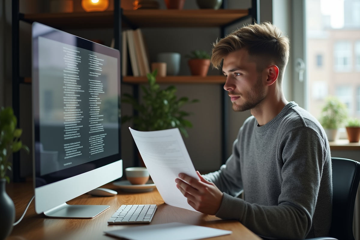 Jeune homme curieux examinant un document à la maison