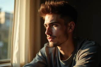 Jeune homme méditerranéen pensif près d'une fenêtre en lumière naturelle