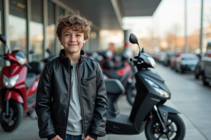Jeune garçon souriant avec moto 50cc en ville