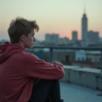 Jeune homme assis seul sur un rooftop urbain au crépuscule