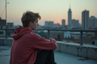 Jeune homme assis seul sur un rooftop urbain au crépuscule