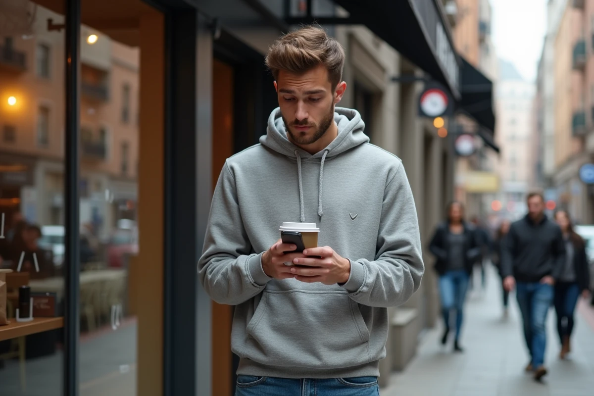 Jeune homme dans la rue vérifiant son téléphone
