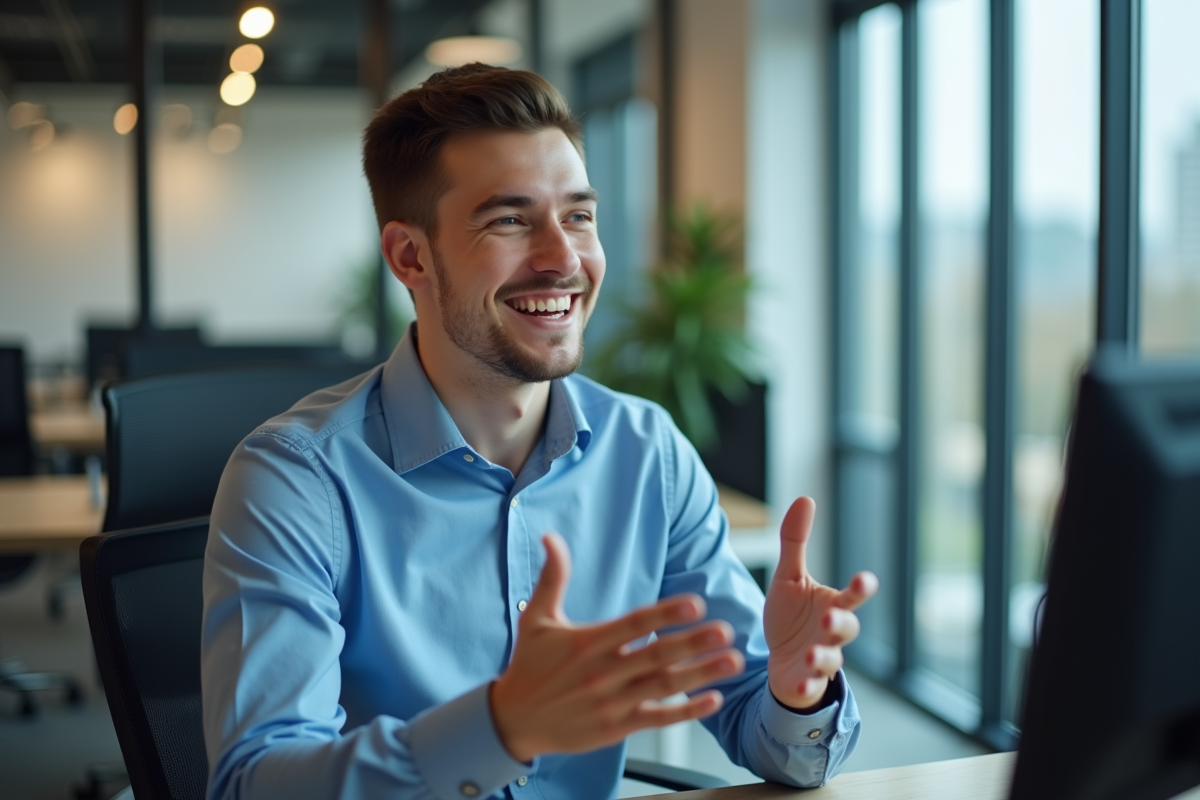 Jeune homme en visioconference dans un bureau moderne