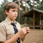 Jeune scout tenant une croix unitaire en métal argenté lors d'une promesse scoute en forêt