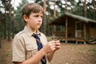 Jeune scout tenant une croix unitaire en métal argenté lors d'une promesse scoute en forêt