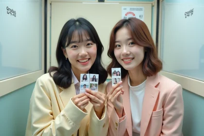 Deux jeunes femmes souriantes dans un photomaton coréen tendance