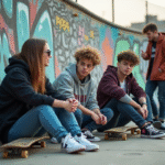 Groupe de jeunes près d'un mur graffité dans un skatepark urbain