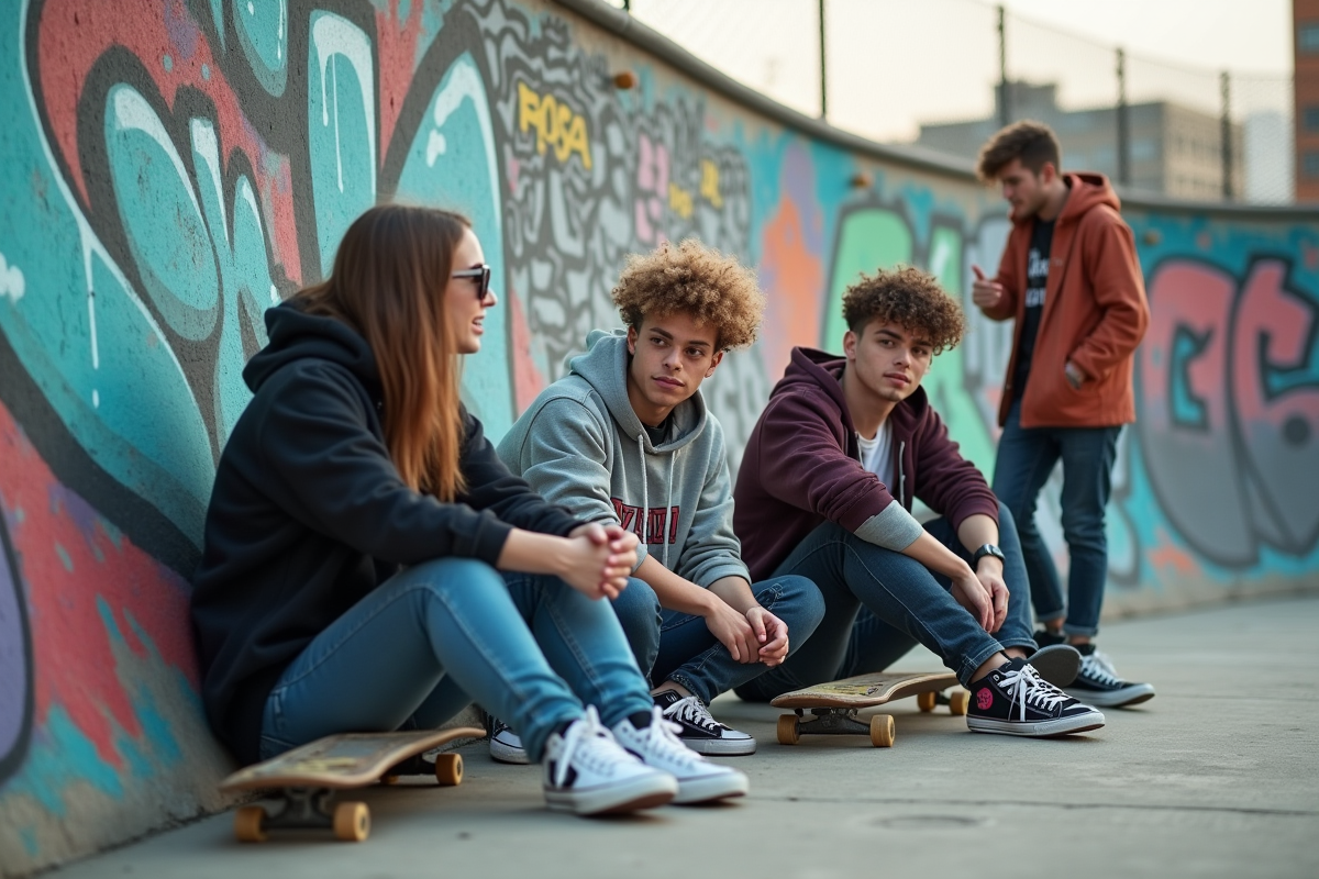 Groupe de jeunes près d'un mur graffité dans un skatepark urbain