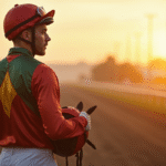 Jockey confiant en silks devant le racetrack au lever du soleil