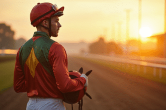 Jockey confiant en silks devant le racetrack au lever du soleil
