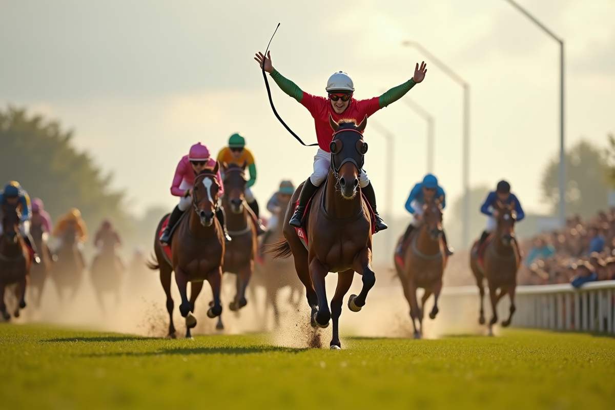 Jockey victorieux franchissant la ligne d