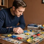 Joueur adulte analysant une disposition tactique de jeu de cartes de bridge sur une table en bois dans un bureau à domicile