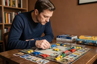 Joueur adulte analysant une disposition tactique de jeu de cartes de bridge sur une table en bois dans un bureau à domicile