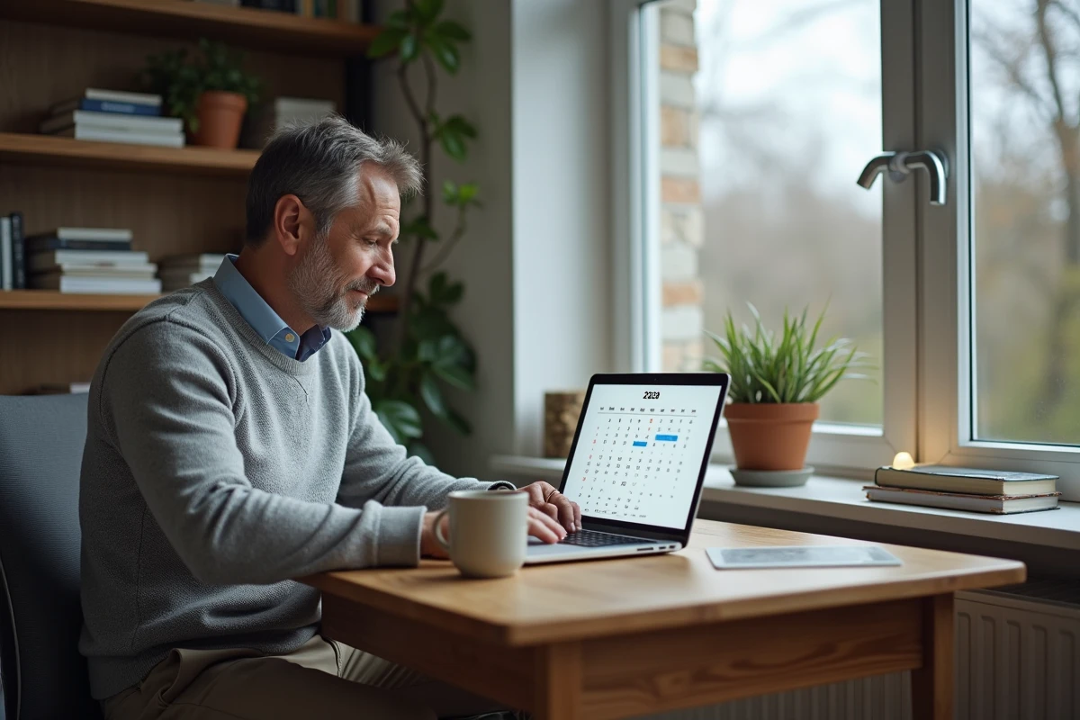 Un homme consulte un calendrier numérique de mai 2026 depuis son bureau à domicile pour anticiper les jours fériés