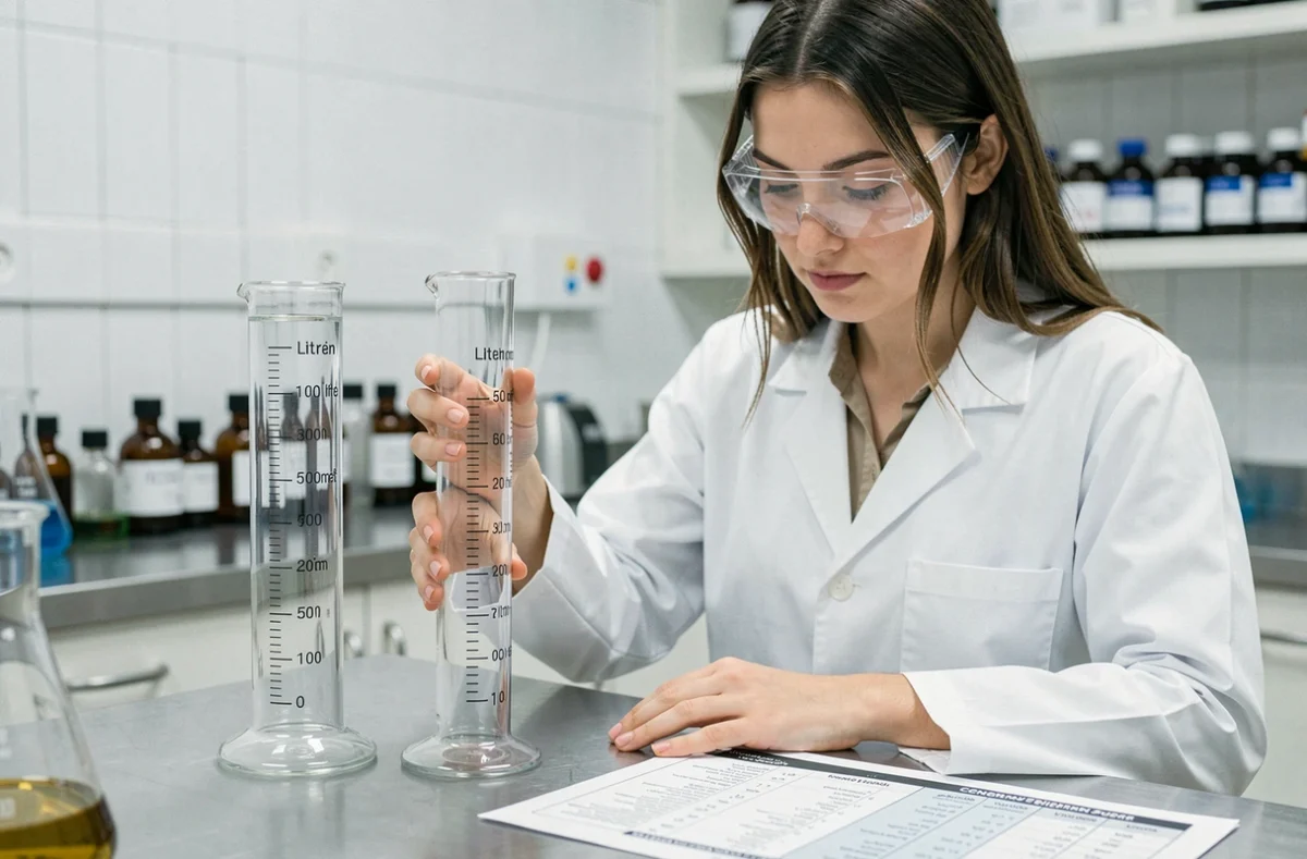 Femme en laboratoire comparant des éprouvettes graduées en litres et équivalent m3