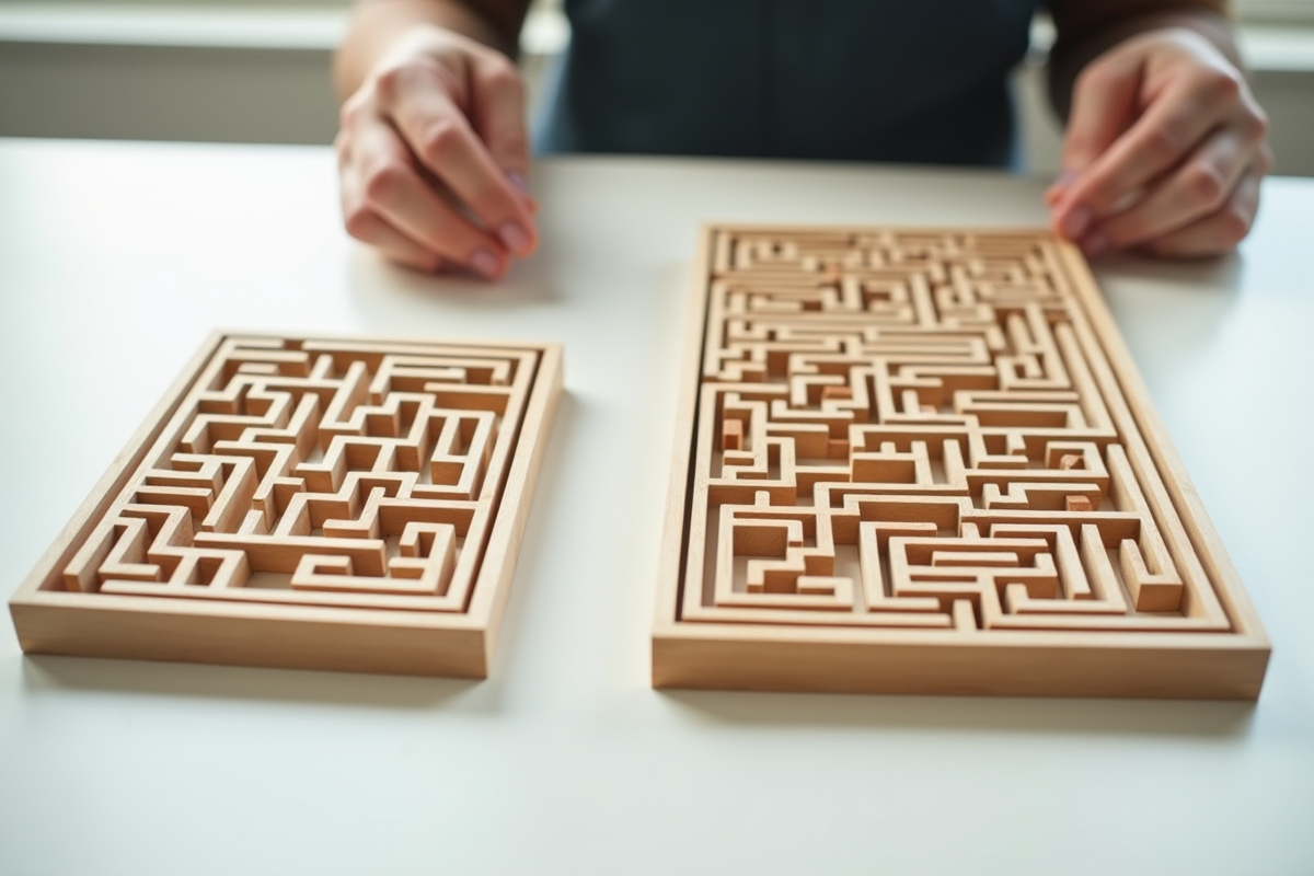 Mains au-dessus de deux labyrinthes en bois sur une table blanche
