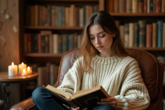 Jeune femme plongée dans la lecture d'un roman dark romance dans une librairie vintage cosy
