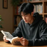 Jeune homme lisant un volume de manga japonais assis à un bureau en bois, entouré d'étagères remplies de mangas