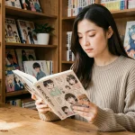 Jeune femme lisant un manga yaoi en version française dans une bibliothèque de manga à domicile
