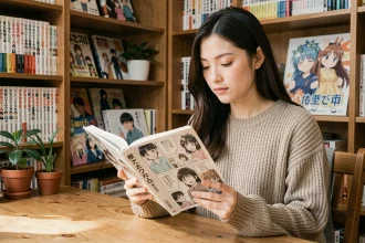 Jeune femme lisant un manga yaoi en version française dans une bibliothèque de manga à domicile