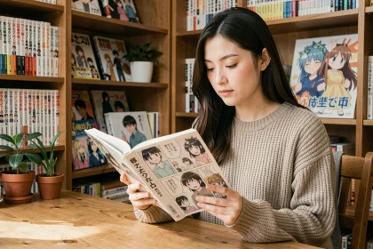 Jeune femme lisant un manga yaoi en version française dans une bibliothèque de manga à domicile