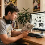 Jeune homme lisant des scans de manga One Piece en version française sur un ordinateur à son bureau