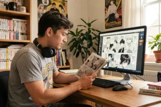 Jeune homme lisant des scans de manga One Piece en version française sur un ordinateur à son bureau