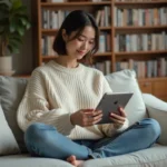 Jeune femme lisant un scan manga en haute qualité sur une tablette dans un salon moderne et cosy