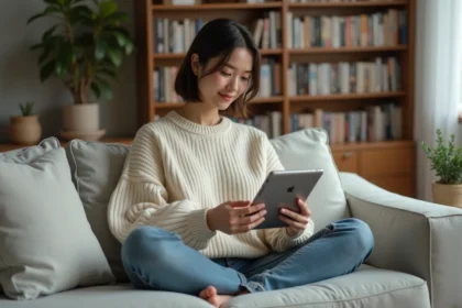 Jeune femme lisant un scan manga en haute qualité sur une tablette dans un salon moderne et cosy