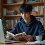 Jeune homme lisant un manga One Piece à son bureau entouré de volumes de mangas et d'un ordinateur affichant un site de lecture de scans