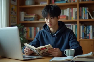 Jeune homme lisant un manga One Piece à son bureau entouré de volumes de mangas et d'un ordinateur affichant un site de lecture de scans