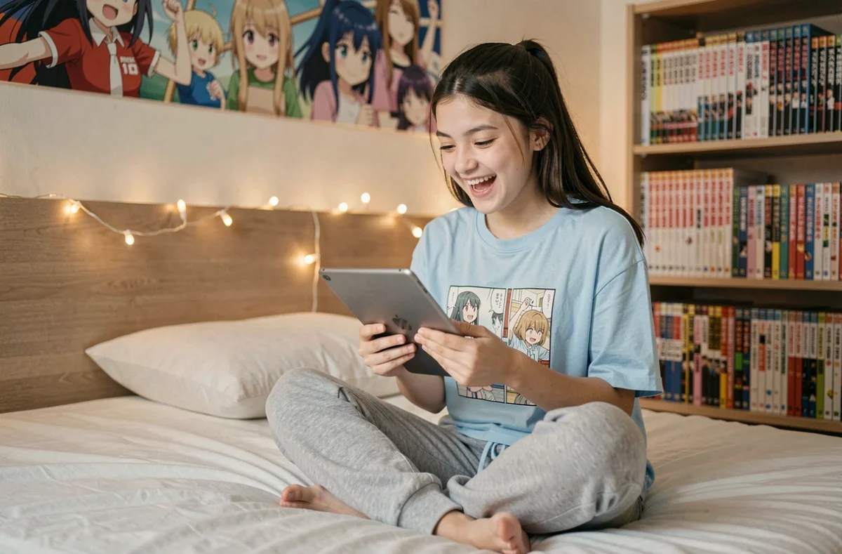 Adolescente souriante lisant des scans de One Piece sur une tablette dans sa chambre décorée de posters d'animés